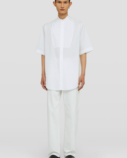 Short-sleeved cotton poplin shirt with front plastron and embroidered Jil Sander monogram