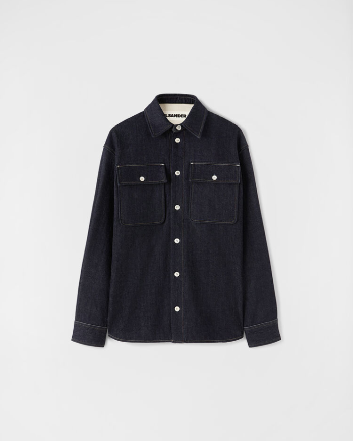 Long sleeved Japanese raw denim overshirt with patch pockets