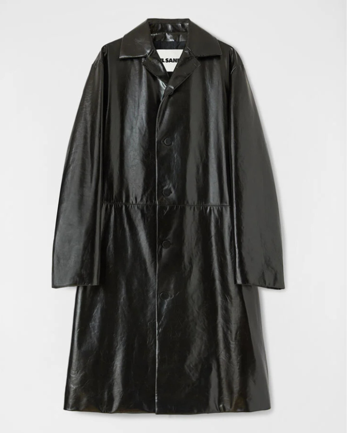 Fully-lined leather coat with vinyl finishing