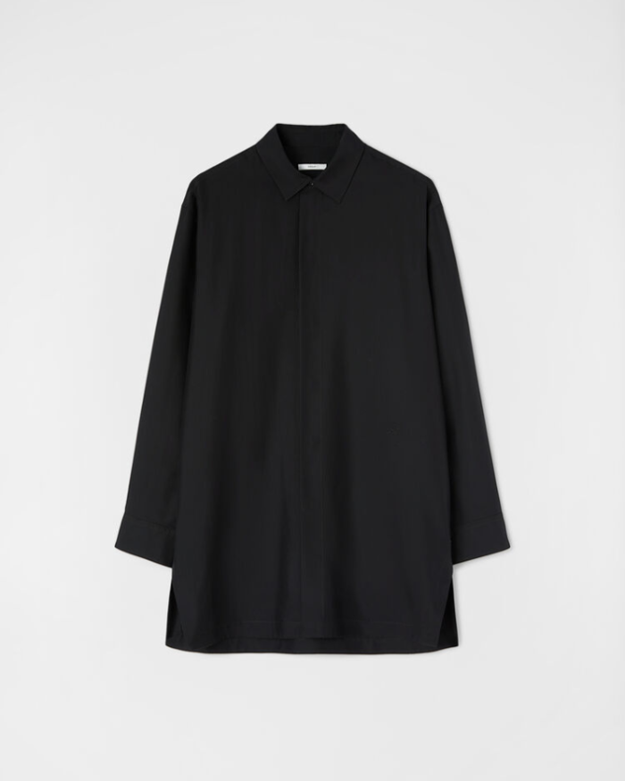 Long-sleeved silk shirt with side splits, framed hem and embroidered Jil Sander monogram