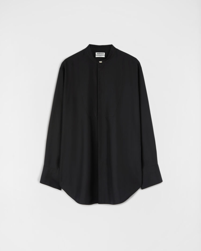 Long-sleeved silk shirt with pebble button closure on collar and embroidered Jil Sander monogram