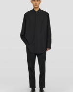 Long-sleeved silk shirt with pebble button closure on collar and embroidered Jil Sander monogram