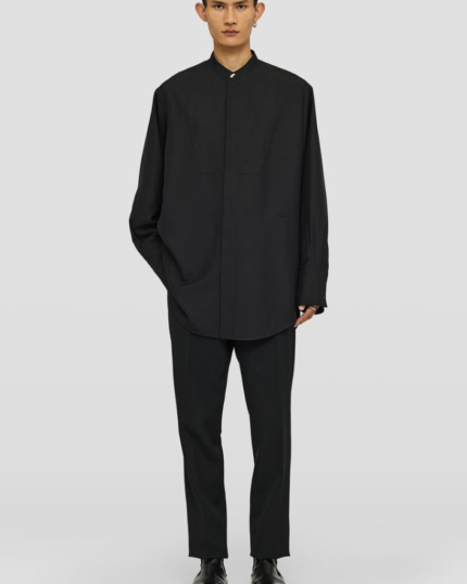 Long-sleeved silk shirt with pebble button closure on collar and embroidered Jil Sander monogram