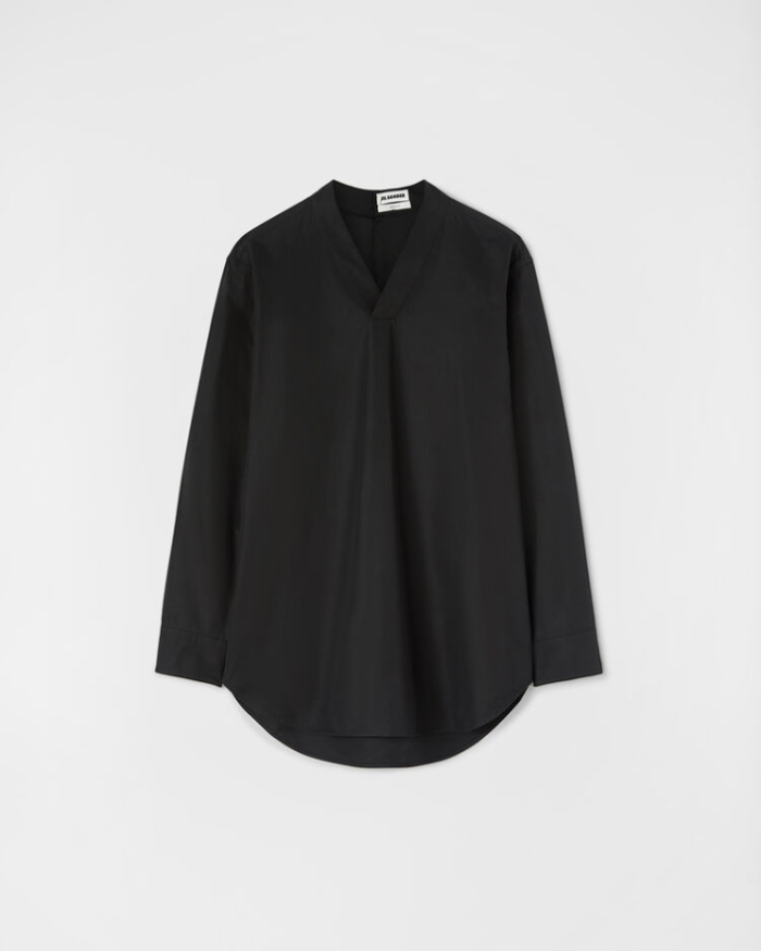 Long-sleeved organic cotton poplin shirt with edge detail v-neck and embroidered Jil Sander monogram