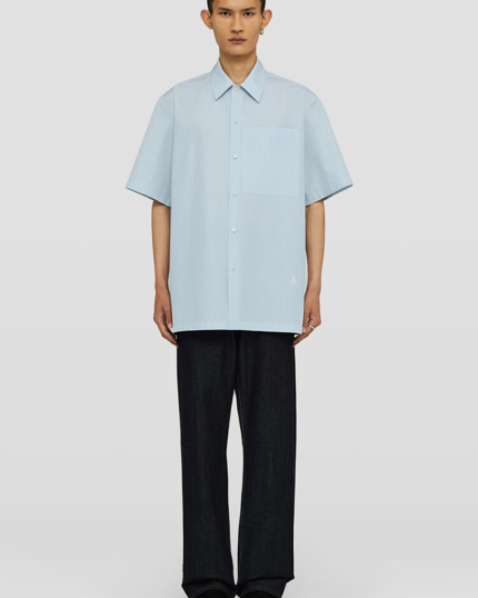 Cotton boxy-fit short-sleeved shirt with flat pointed collar and embroidered Jil Sander monogram