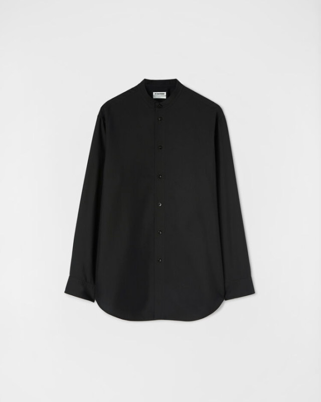 Long-sleeved silk shirt with gathered pleating on sleeves and embroidered Jil Sander monogram