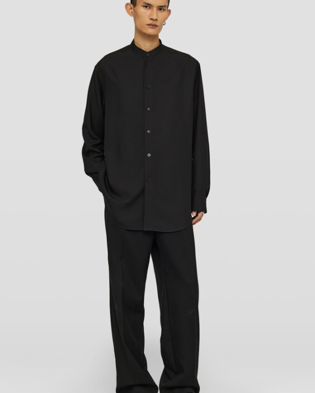 Long-sleeved silk shirt with gathered pleating on sleeves and embroidered Jil Sander monogram