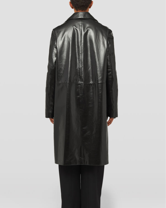Fully-lined leather coat with vinyl finishing