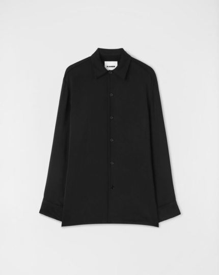 Long sleeved fluid viscose shirt with wool lining and flat pointed collar