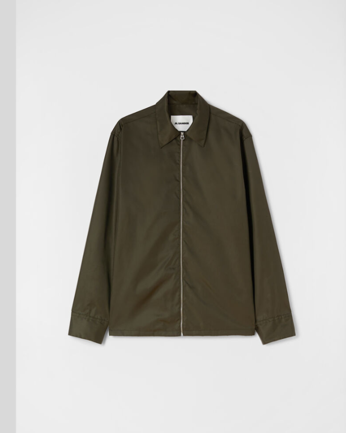 Long-sleeved nylon twill shirt with front zip closure