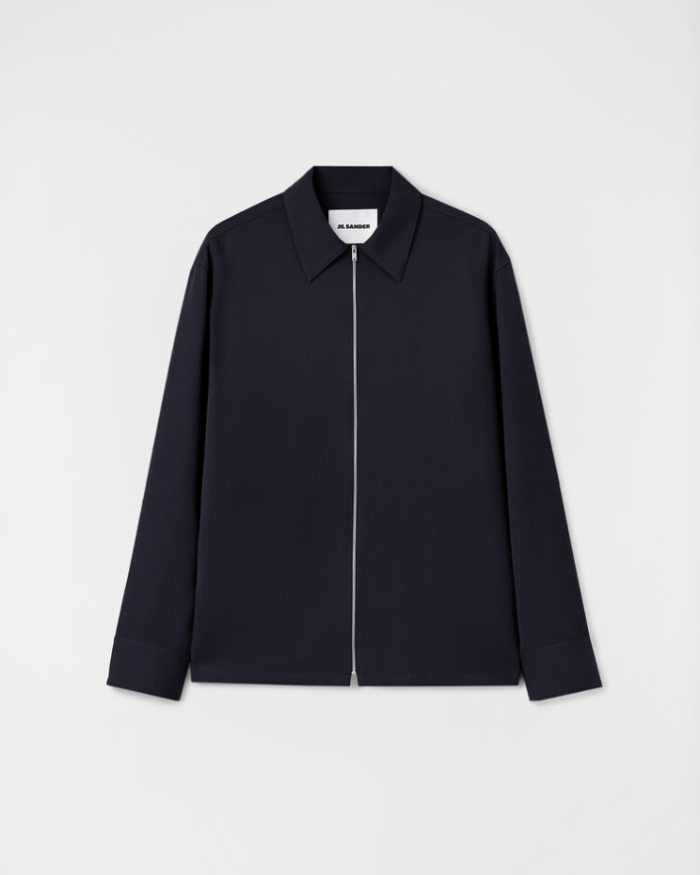 Long-sleeved wool shirt with front zip closure