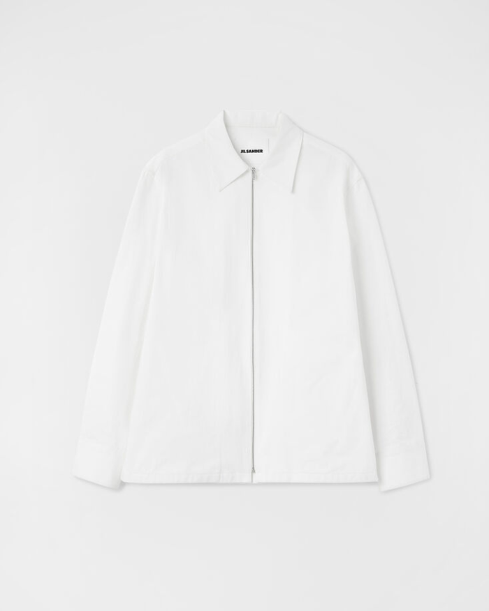 Long-sleeved cotton twill shirt with front zip closure