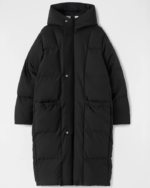 Long medium-fill down coat with hood