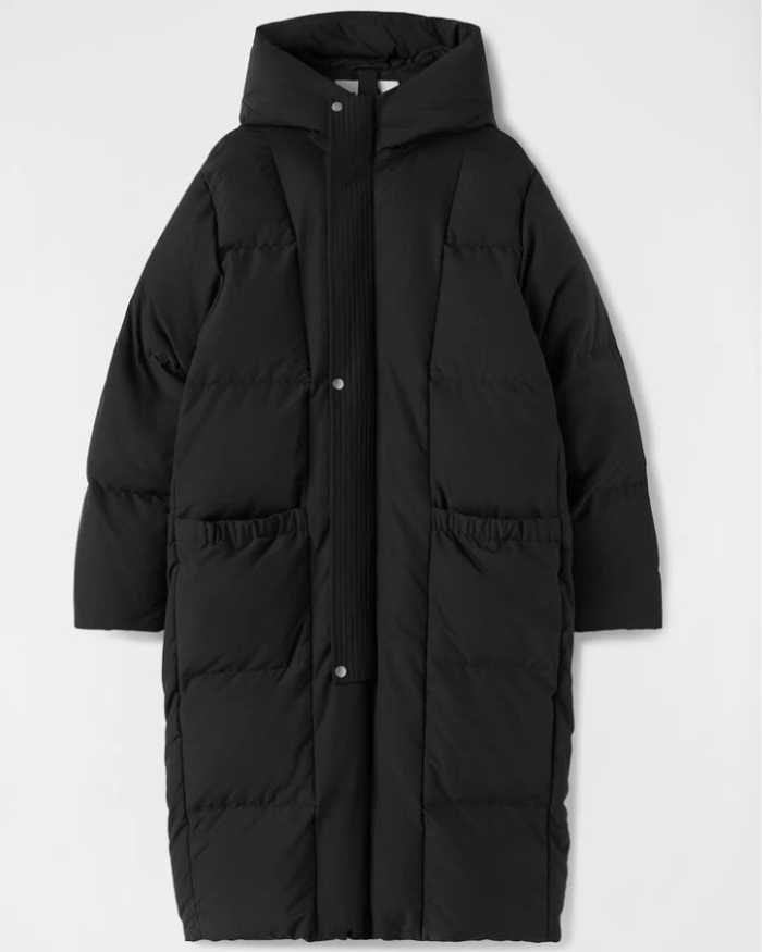 Long medium-fill down coat with hood