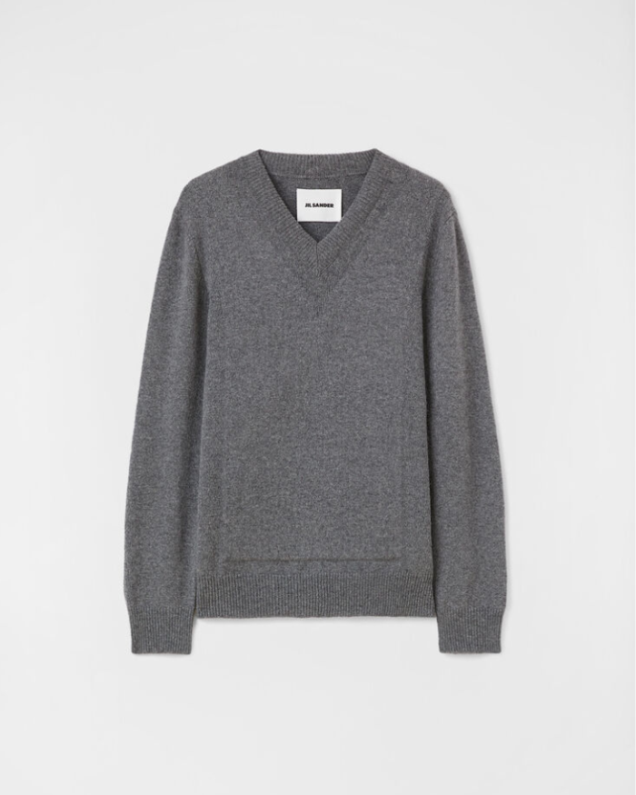 Long-sleeved merino wool sweater with front padded plastron