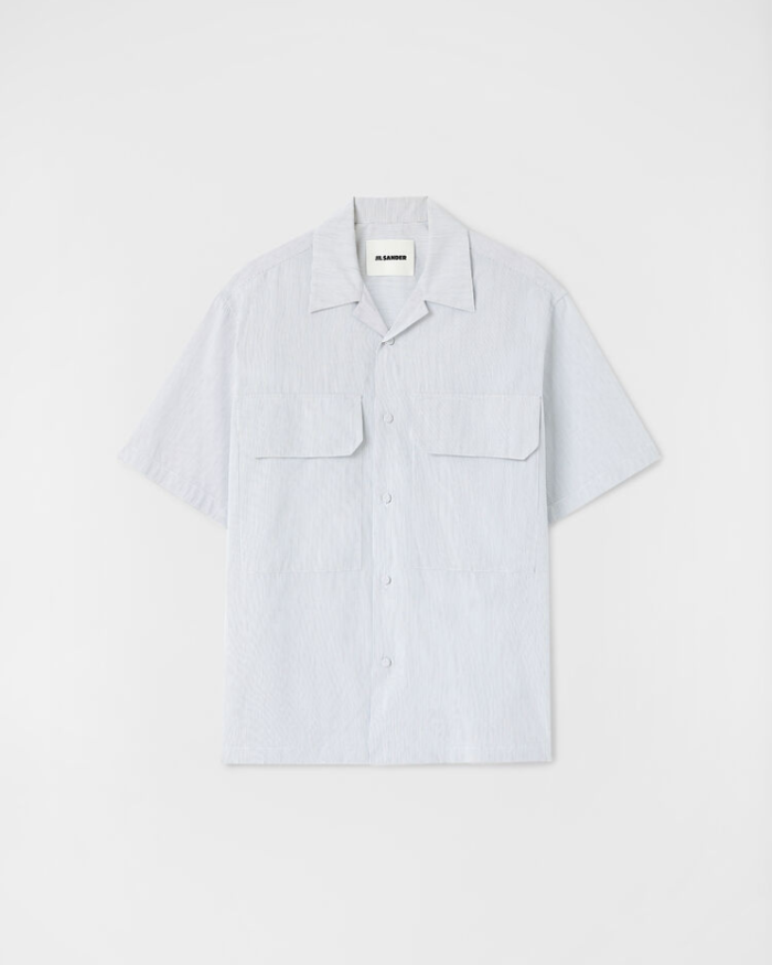 Short-sleeved striped cotton shirt with large patch pockets