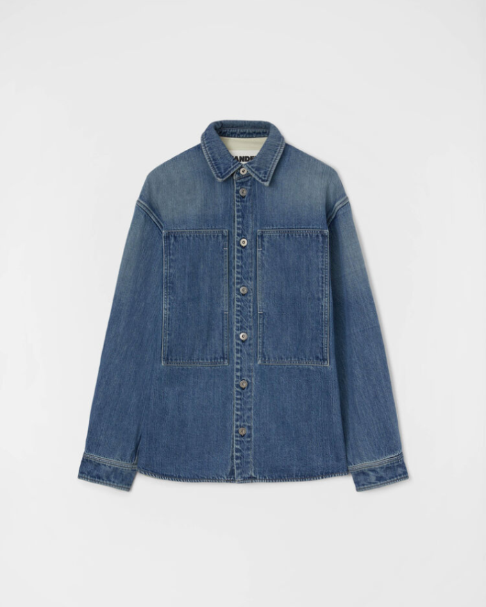 Long sleeved Japanese raw denim shirt with elongated patch pockets