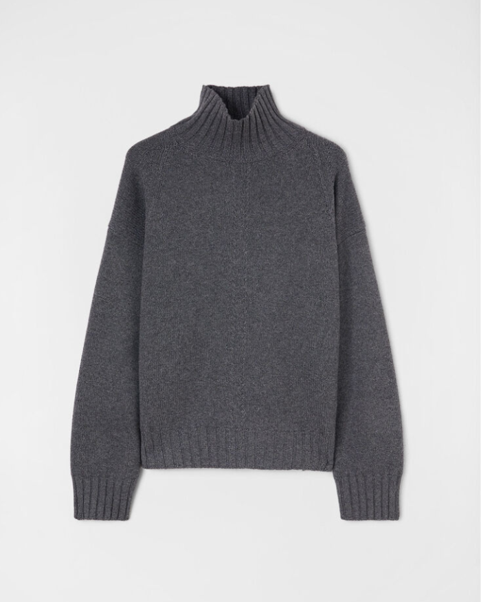 Long-sleeved virgin and yak wool sweater with high ribbed neck