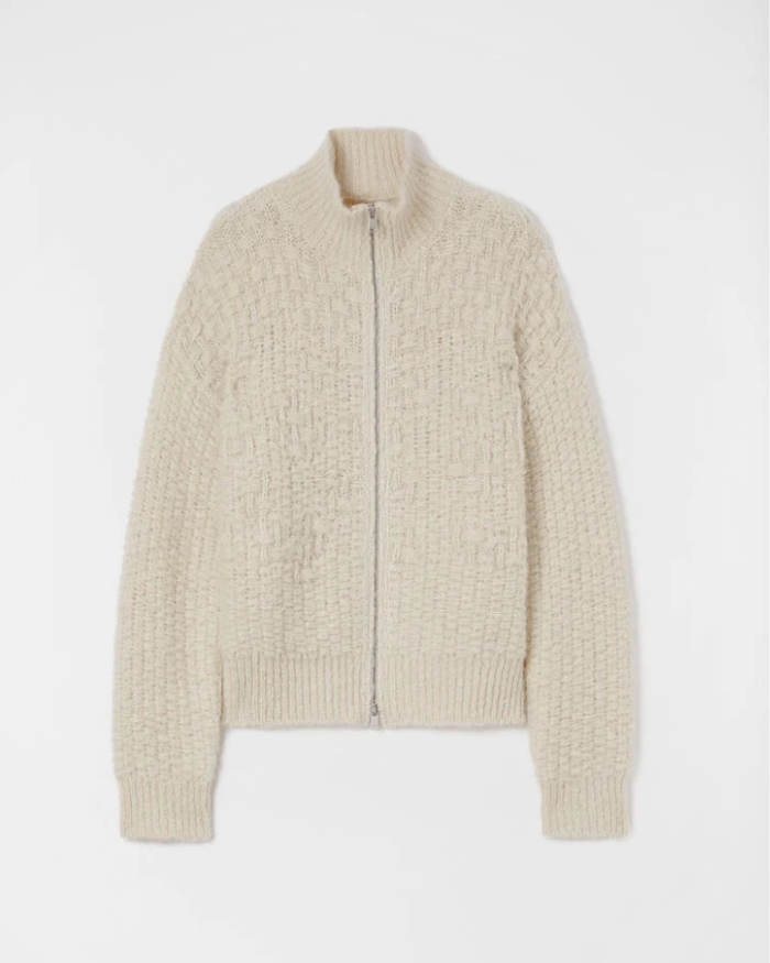Long-sleeved mohair and alpaca sweater with irregular stitching and front zip closure