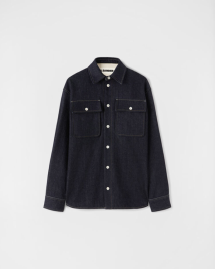 Long-sleeved Japanese raw denim overshirt with patch pockets