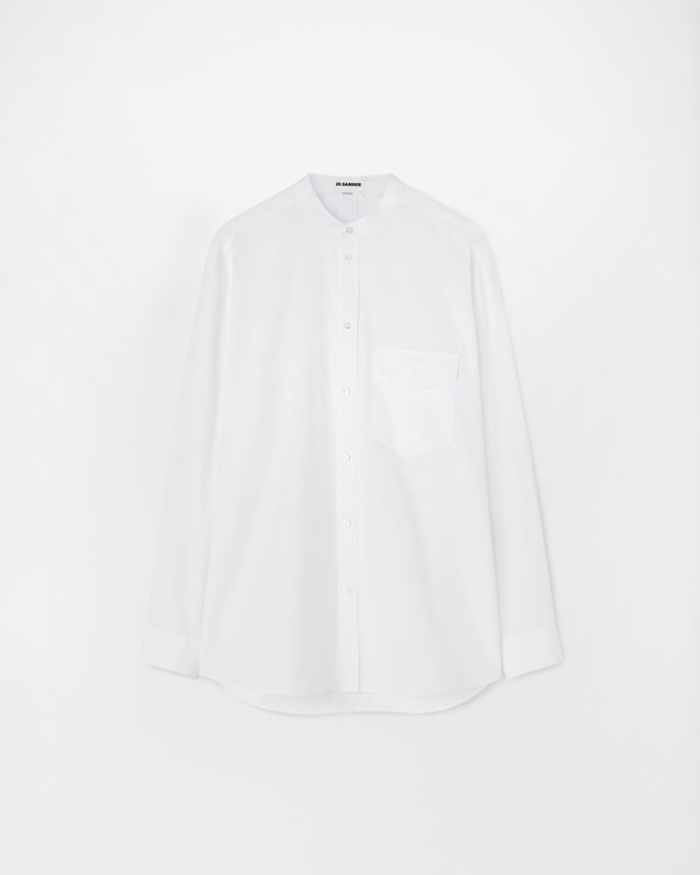 Long-sleeved cotton poplin shirt with box pleat patch pocket and embroidered Jil Sander monogram