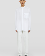 Long-sleeved cotton poplin shirt with box pleat patch pocket and embroidered Jil Sander monogram