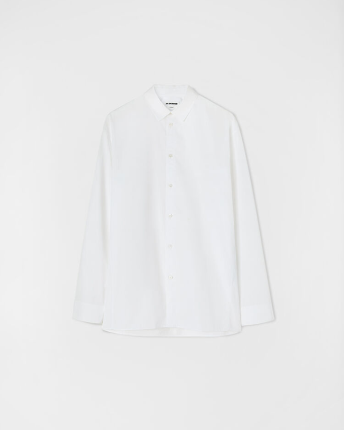 Long-sleeved cotton poplin shirt with centre back pleat, stitch detail and embroidered Jil Sander monogram