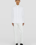 Long-sleeved cotton poplin shirt with centre back pleat, stitch detail and embroidered Jil Sander monogram