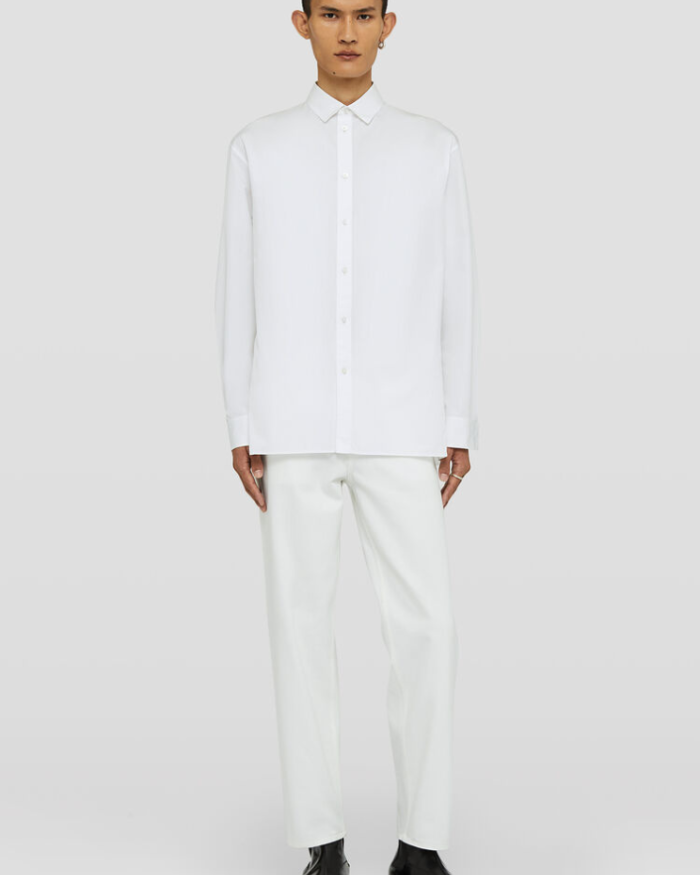 Long-sleeved cotton poplin shirt with centre back pleat, stitch detail and embroidered Jil Sander monogram