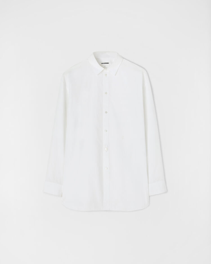 Long-sleeved cotton poplin shirt with tab insert on button closure and embroidered Jil Sander monogram
