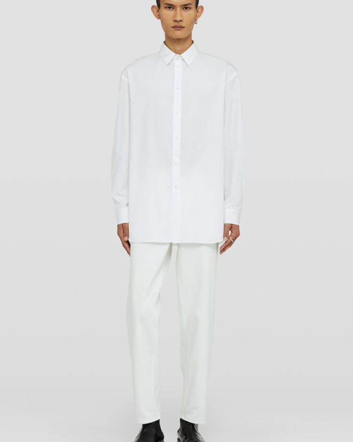 Long-sleeved cotton poplin shirt with tab insert on button closure and embroidered Jil Sander monogram