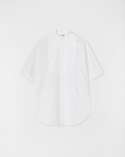 Short-sleeved cotton poplin shirt with front plastron and embroidered Jil Sander monogram