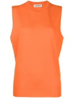 Model wearing Jil Sander Sleeveless Cashmere Top from the 2025 luxury fashion collection