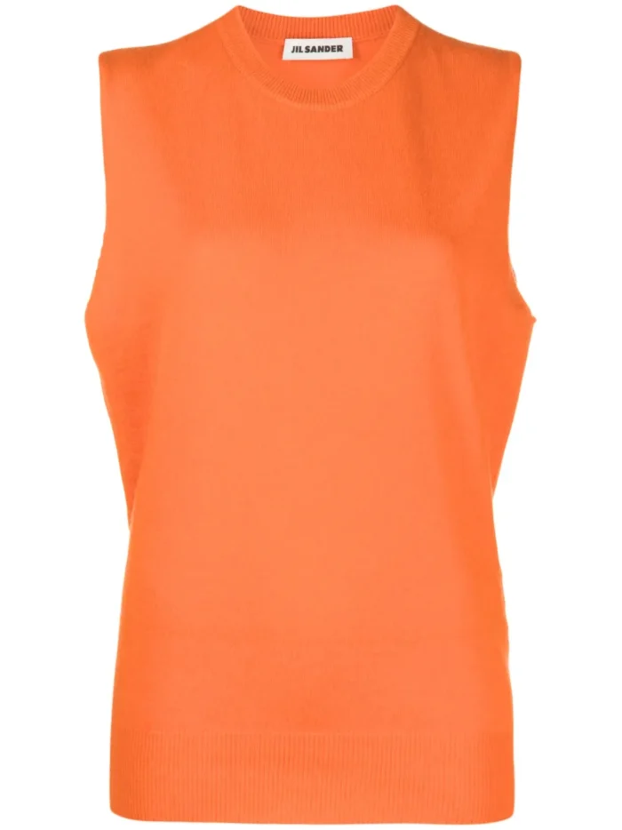 Model wearing Jil Sander Sleeveless Cashmere Top from the 2025 luxury fashion collection